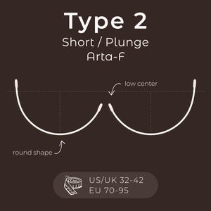 May include: Diagram showing the shape of a Type 2 bra underwire. The underwire is short and has a low center. The diagram shows a round shape and indicates that the bra is for sizes US/UK 32-42 and EU 70-95.