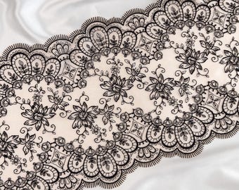 刺繍入りチュールレーストリム、22 cm / 8.6インチ、ブラック | ブラジャー作り、コルセット縫製、刺繍メッシュ生地用花柄ランジェリーレース