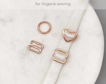 Roségoldenes BH-Hardware-Set, 3/8’’ (10 mm), Ringe, Schieber, G-Haken | Herz & Klassik | Dessous Nähzubehör
