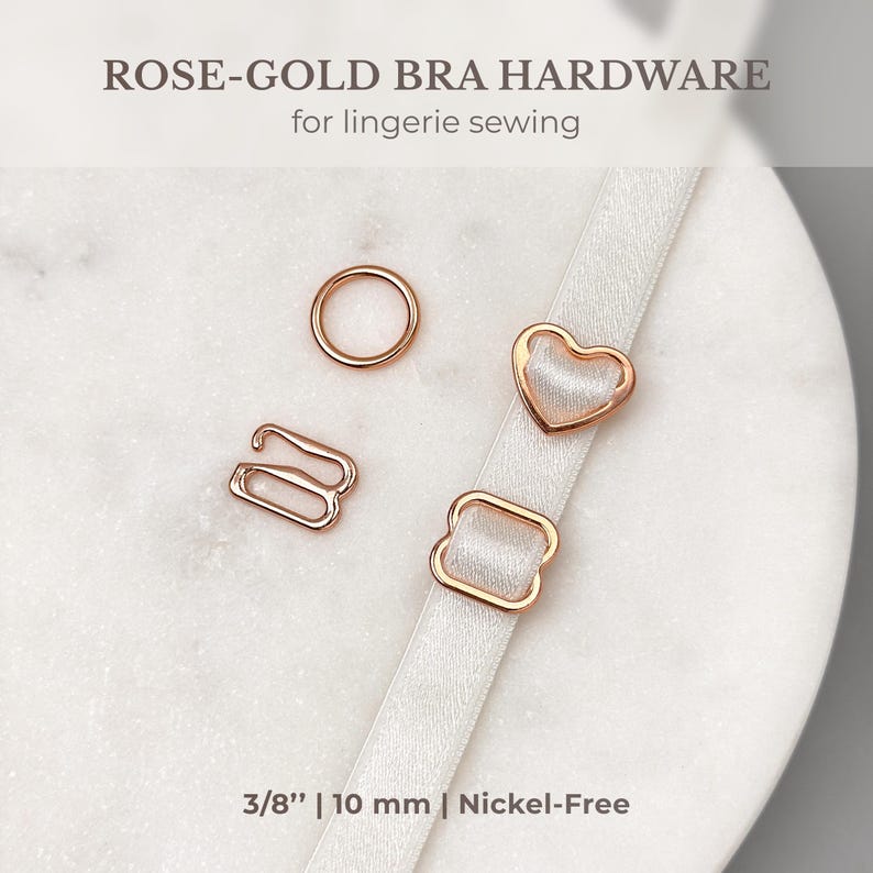 Puede incluir: Herrajes para sujetador de oro rosa para la costura de lencer&iacute;a. El juego incluye un deslizador, un gancho y un ojo, un anillo y un cierre en forma de coraz&oacute;n. El herraje mide 3/8 pulgadas o 10 mm y es libre de n&iacute;quel.