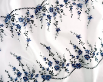 Blue Embroidered Tulle Lace Trim, 25 cm (9.8") Wide | Floral Lingerie Lace for Bra Making, Tulle for Lingerie Sewing