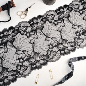 Black Stretch Lace Trim, 8.3” (21 cm) Wide | Elastic Lace for Lingerie Sewing, Bra Making, DIY Corsets