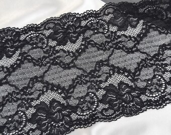 Black Stretch Lace – 7" (18 cm) | Floral Elastic Lace Trim for Lingerie Sewing & Bra Making