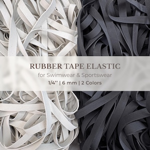 Op de afbeelding: Afbeelding van twee stapels rubberen tape elastiek in wit en donkergrijs. De tekst "RUBBER TAPE ELASTIC for Swimwear & Sportswear 1/4" | 6 mm | 2 Colors" is over de afbeelding geplaatst. Het elastiek is 6 mm breed.