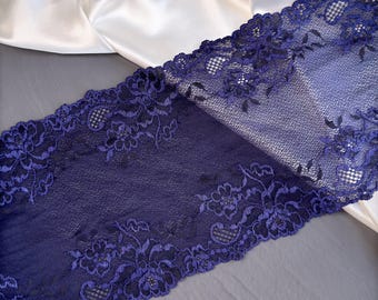 Navy Blue Stretch Lace Trim – 7" (18 cm) | Dark Blue Elastic Lace for Lingerie Sewing