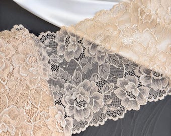 Beige Stretch Lace Trim, 7.5’’ (19 cm) | Floral Elastic Lace Trim for Lingerie, Bra & Panty Sewing