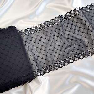 Black Stretch Lace Trim, 15 cm (6&quot; wide) | Heart Mesh Lingerie Lace for Bra Making & Sewing
