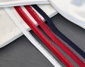 2m Picot Elastic Trim – 11 mm Red / Navy / White | Soft Scallop-Edge Knicker & Lingerie Elastic | DIY Underwear Supplies