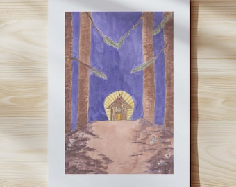 May include: Watercolour painting of a small wooden cabin illuminated by a bright light, set in a forest with tall brown trees and a purple sky. The artwork features a serene landscape with a sense of depth and tranquility.