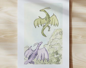 Fantasy Dragons Watercolour Art - Dreamy Sky Scene, Whimsical Painting