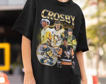 Camiseta Sidney Crosby Vintage Anos 90 Pittsburgh Penguins NHL Hockey Design Retrô Bootleg Presente Clássico Gráfico Camiseta Unissex Edição Limitada