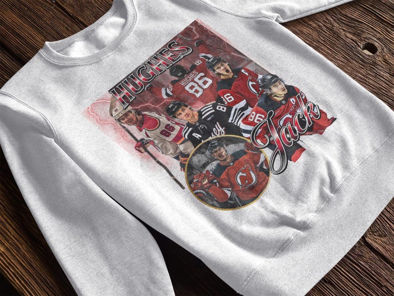 Jack Hughes-skjorta, vintage 90-tals tröja, New Jersey Devils, present till NHL Devils-fan, hockeydesign, klassisk grafisk present, unisex, begränsad upplaga bild 8