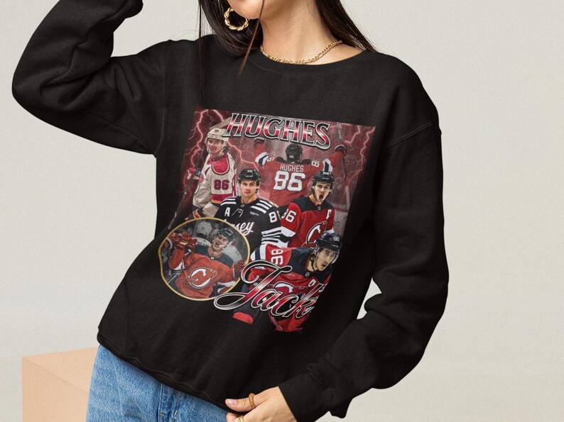 Jack Hughes-skjorta, vintage 90-tals tröja, New Jersey Devils, present till NHL Devils-fan, hockeydesign, klassisk grafisk present, unisex, begränsad upplaga bild 2