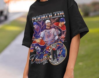 Camiseta Vasily Podkolzin Edmonton Oilers Vintage NHL Fan Hockey Design Retro Bootleg Gift Classic Graphic Tee Unissex Edição Limitada
