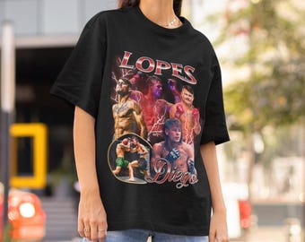 Camiseta retrô estilo anos 90 do Diego Lopes, camiseta esportiva oversized estilo UFC, camiseta de kickboxer brasileiro, camiseta de campeão.