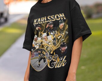 Camiseta Erik Karlsson Vintage Anos 90 Pittsburgh Penguins NHL Hockey Design Retrô Bootleg Presente Clássico Gráfico Camiseta Unissex Edição Limitada