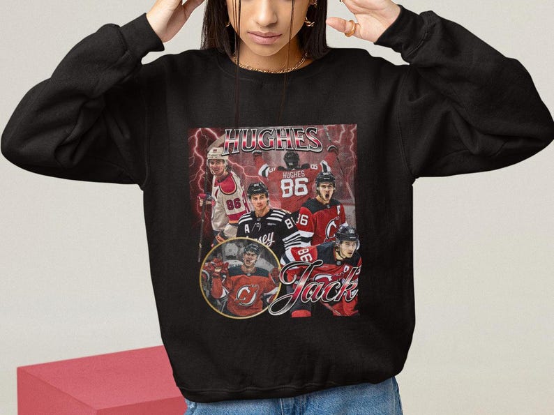 Jack Hughes-skjorta, vintage 90-tals tröja, New Jersey Devils, present till NHL Devils-fan, hockeydesign, klassisk grafisk present, unisex, begränsad upplaga bild 4