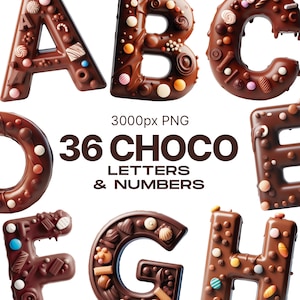 Letras e números de chocolate PNG, pacote de fontes engraçado, letras decorativas, alfabeto inglês, clipart, fontes digitais doces