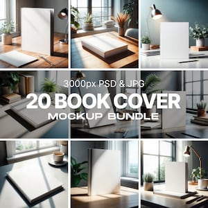 Puede incluir: Un paquete de maquetas de 20 portadas de libros, que presenta diferentes escenas con libros en mesas, estanterías y escritorios. Las portadas están en blanco, lo que permite la personalización. La imagen incluye el texto: "3000px PSD & JPG 20 BOOK COVER MOCKUP BUNDLE".
