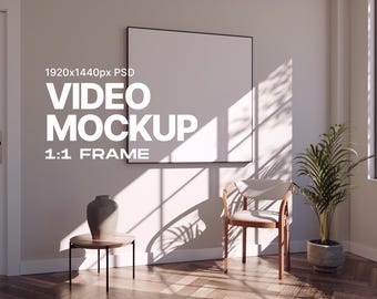 Mockup di fotogramma video animato: mockup di fotogramma quadrato, dimensioni 1x1, loop continuo, mockup animato, personalizzabile, visualizzazione di grafica, Photoshop mp4