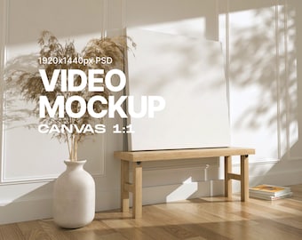 Animated Video Canvas Mockup: 1x1 Canvas Mockup, Seamless Loop, Animated Mockup, Living Room, Artwork Display, PSD mp4