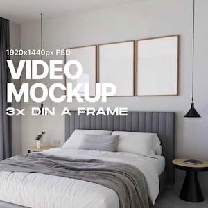 Animated Three Frames Video Mockup: DIN A ISO, Bedroom Mockup, Seamless Loop, 3 Vertical Frames, Customizable Frame, Photoshop mp4