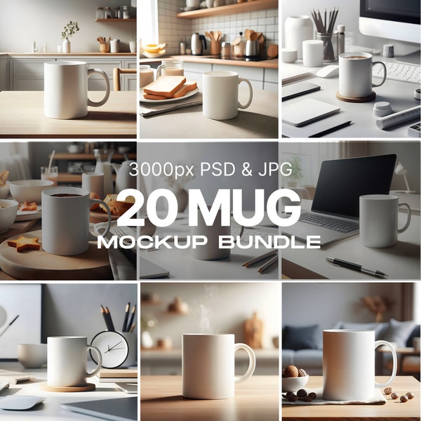 Mug Mockup Bundle, Office Mug Mockup, Premium Mug Photography Template, 20 PSD JPG, Ceramic Mug Mockup, Coffee Mug, Tea Cup 11oz