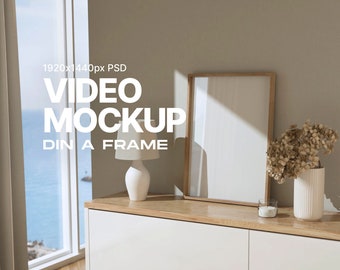 Animated Frame Video Mockup: DIN TO ISO, Seamless Loop, Animated Mockup, Vertical Frame Mockup, Minimal Thin Wood Frame, PSD mp4