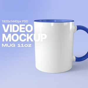 Puede incluir: Taza de cerámica blanca con borde y asa azules. La taza tiene una capacidad de 11 oz y es una maqueta de video.