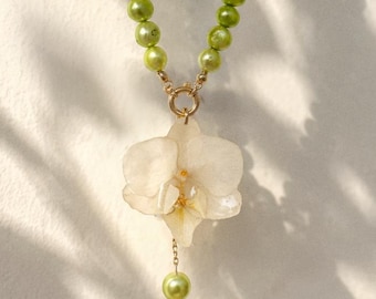 Green Pearl Necklace with Real White Orchid Pendant | Freshwater Choker Cottagecore Jewelry