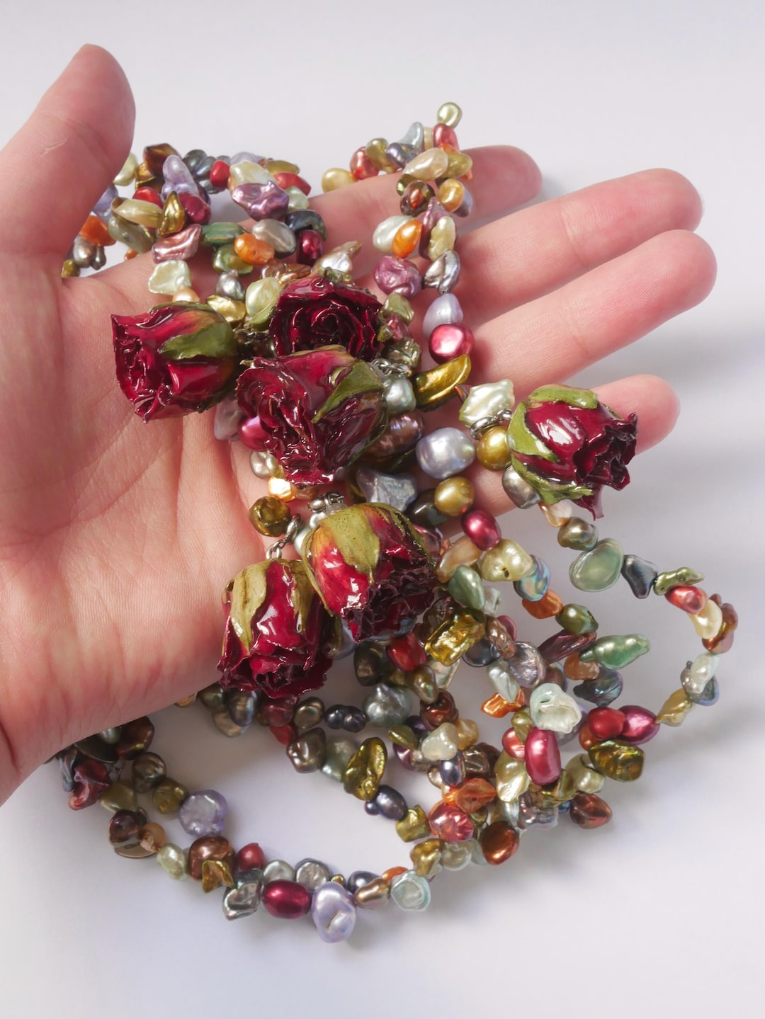 Colorful Keshi Pearl Necklace With Real Rose in Resin | Romantic ...
