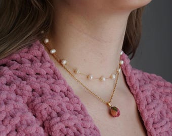 Layered Gold Necklace with Pearl Choker and Rose Pendant – Dainty Double Chain Necklace | Fairycore