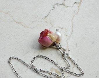 Real Rose Resin Pendant Necklace: 925 Sterling Silver Floral Jewelry