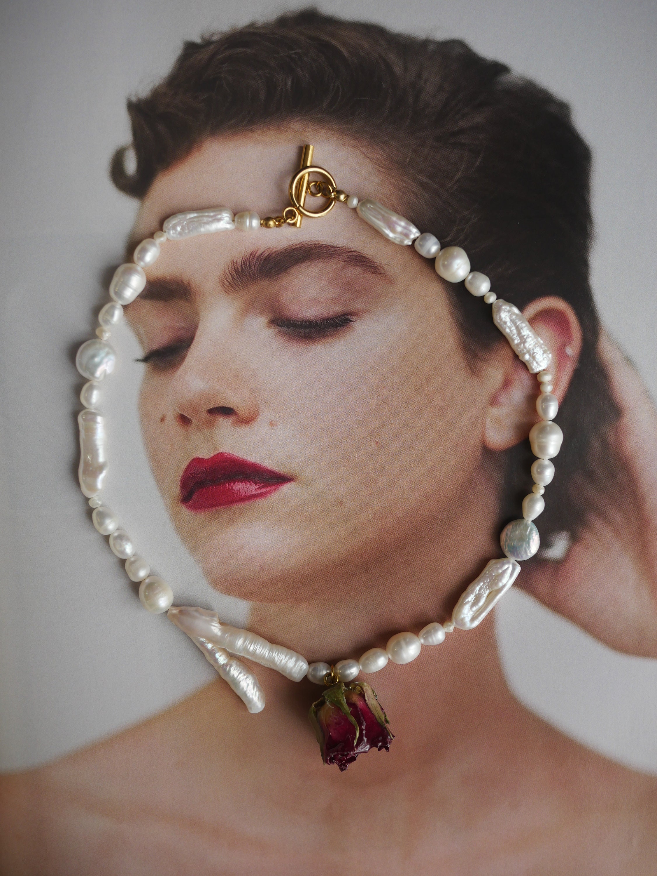 Baroque Pearl Choker With Real Rose – Handmade Floral
