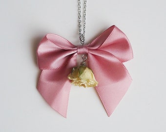 Pendant Bow | real rose flowers Necklace epoxy resin