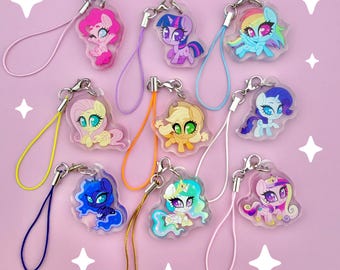 MLP Mane 6 & Princesses Chibi Glitter Epoxy Acrylic Phone Charm Keychain