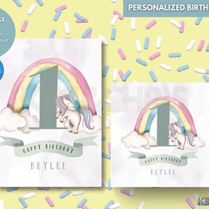 Carte d'anniversaire personnalisée imprimable licorne arc-en-ciel, modèle de toile modifiable, carte d'anniversaire magique pour fille, carte de 5 x 7 et 4,25 x 4,25 pouces