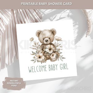 Tarjeta de bienvenida para niña imprimible, tarjeta con temática de osito de acuarela, para niña, hija, nieta, descarga e impresión instantáneas, 4,25 pulgadas