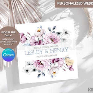 Personalized Wedding Greeting Card, Printable, Editable Canva Template, Peony Themed Card, Couple, Anniversary, Wedding, 4.25x4.25, 5X7