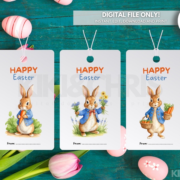 Editable Printable Happy Easter Peter Rabbit Gift Tag Set, Easter Gift Tag, Personalized Easter Gift Tag, Canva Editable Gift Tag