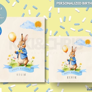 Personalisierte Peter Rabbit Geburtstagskarte, Benutzerdefinierte Kindergeburtstagskarte, druckbare, bearbeitbare Canva-Vorlagenkarte, Beatrix Potter-Thema, 5 x 7 Zoll