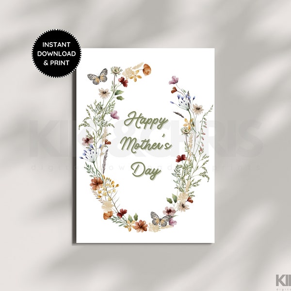 Printable Mothers Day Card, Wildflower Retro Mothers Day Card, Downloadable Card, Digital Card, Instant Download, 5x7 Inch Card