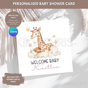 Personalisierte Willkommens-Baby-Karte, druckbare, bearbeitbare Canva-Vorlage, niedliche Giraffen-Themenkarte für Neugeborene, Mädchen, Tochter, Enkelkind