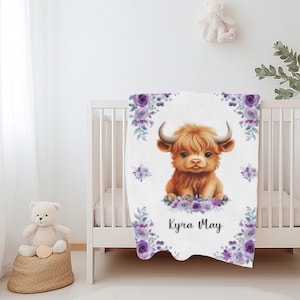 Highland Cow blanket, For Girl, Purple Floral, Personalized, Baby Gift, Nursery Gift, Baby Shower gift, Minky Blanket