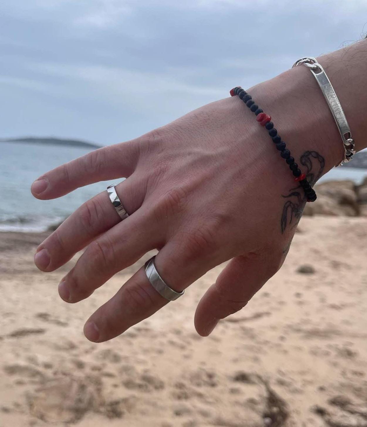 Bracelet Ancien En Corail Noir Et Argent Sterling - 4 Segments, Bijou Vintage, Occasion