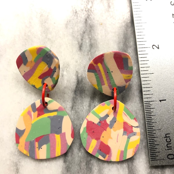 Polymer clay earrings - multi color abstract rounded geometric dangle-studs 80s style - smooth flat matte - handmade