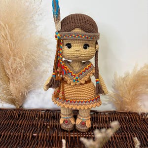 Handmade Crochet Indigenous Inspired Doll, Amigurumi Girl Plush, 20 cm Crochet Doll, Collectible Decor, Unique Handmade Gift