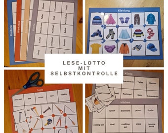 Leselotto vocabulary game German English Montessori learning game with self-control, real photos, immediately printable PDF, school, homeschooling