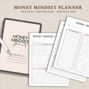 May include: A printable digital planner for improving your money mindset. The planner includes sections for journaling, tracking abundance, and identifying and replacing limiting beliefs. The text on the cover reads "Money Mindset Planner Instant Download - Digital PDF".