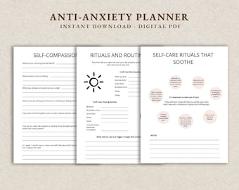 Può includere: Pianificatore digitale stampabile con uno schema di colori marrone e bianco. Il pianificatore è intitolato "Anti-Anxiety Planner" e include sezioni per l'autocompassione, i rituali e le routine, e i rituali di auto-cura che calmano.